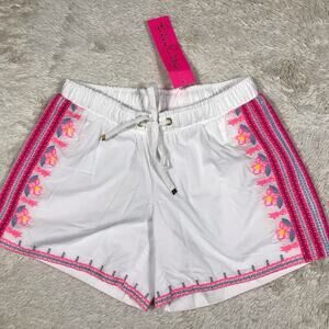 New Lilly Pulitzer Katia Embroidered Womens 5" Short White Pink Summer Boho Vaca